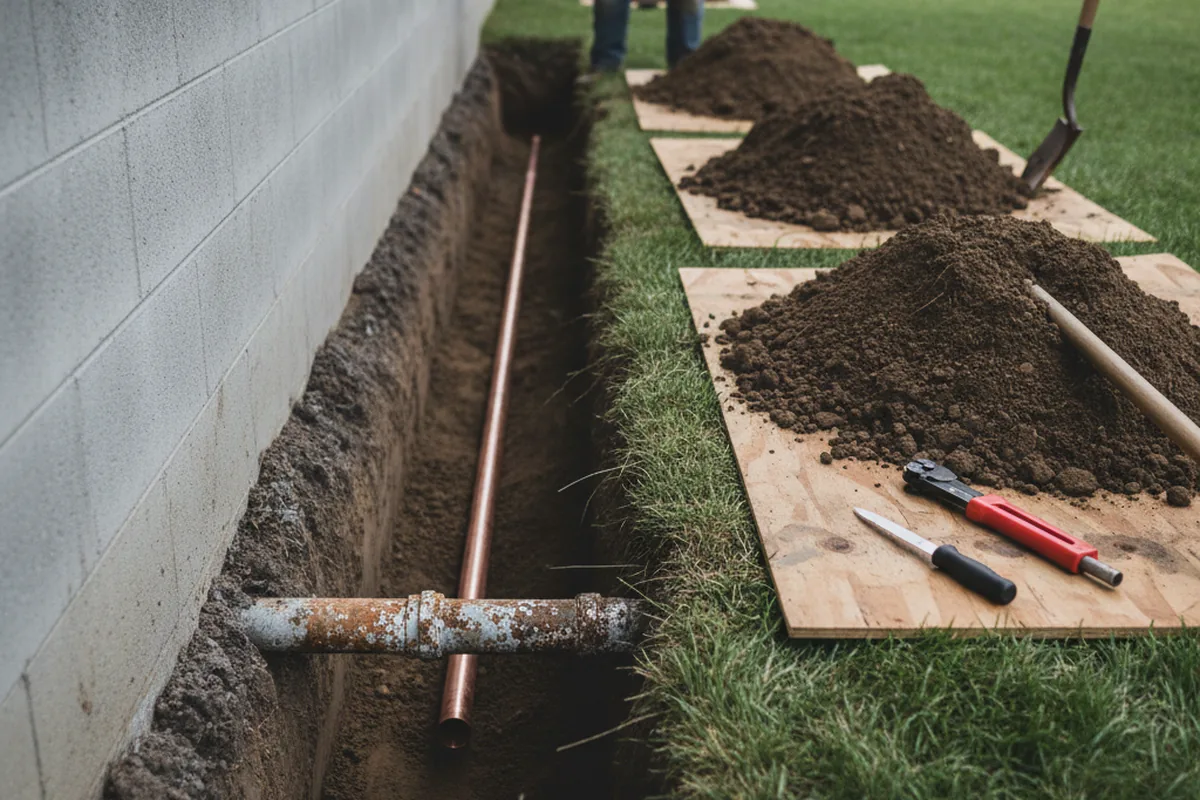 Excavated water line trench during Sewer Line Repair in Delaware City